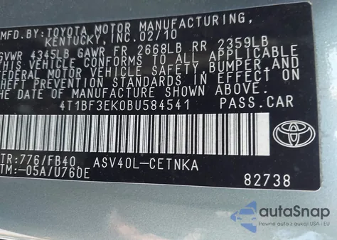2011 Toyota Camry Le from USA, damaged, VIN 4T1BF3EK0BU584541